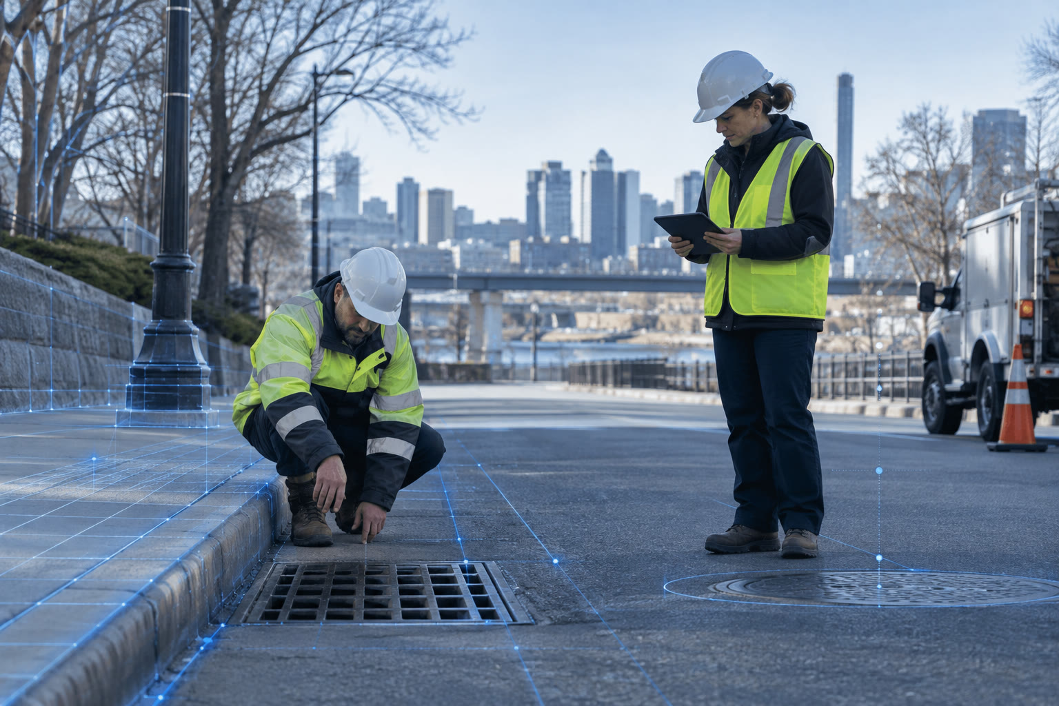 Public sector engineers inspecting street infrastructure with a blue digital data overlay